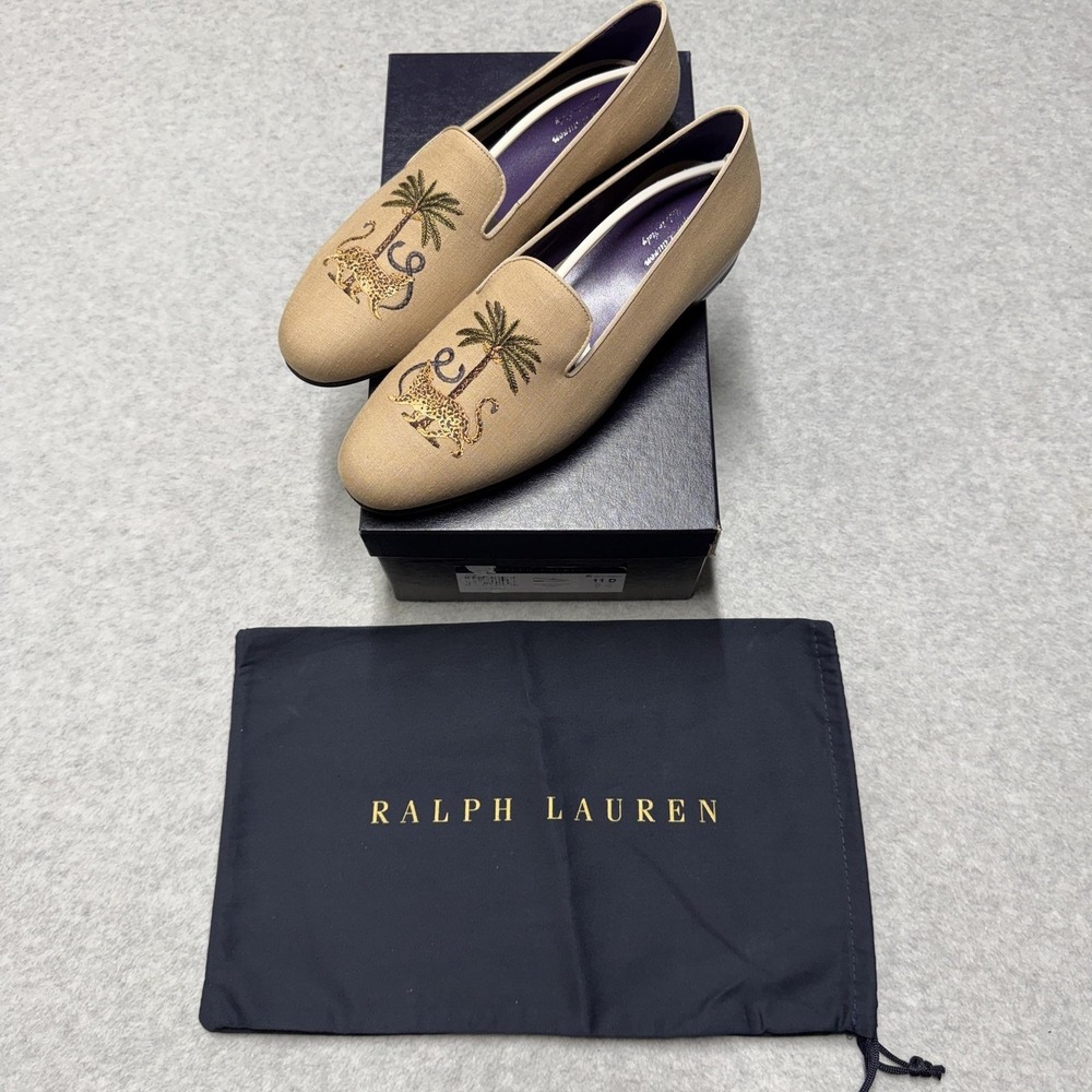 Ralph Lauren Purple Label Alonzo Palm Jaguar Shoes Mens 11 D Beige Slip On